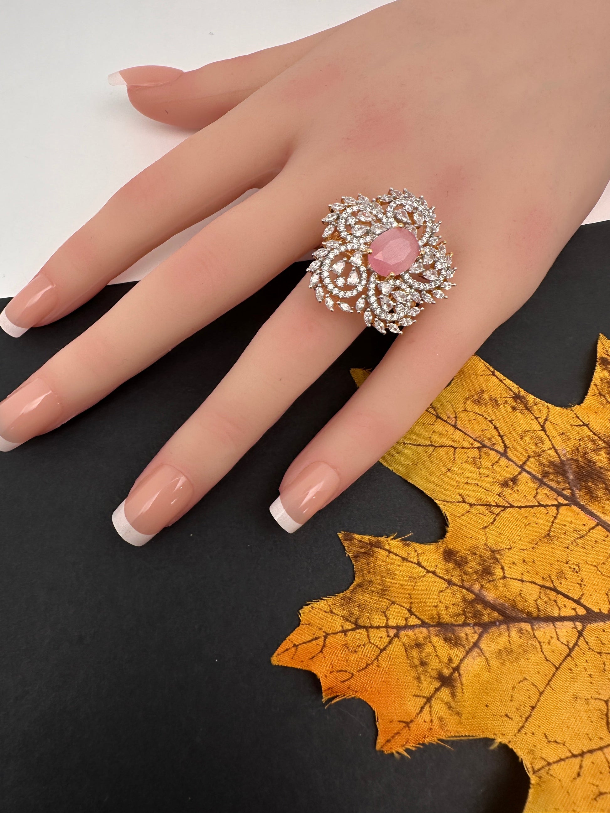 AD  Color Stone Adjustable Color Stone Cocktail Ring - Pink