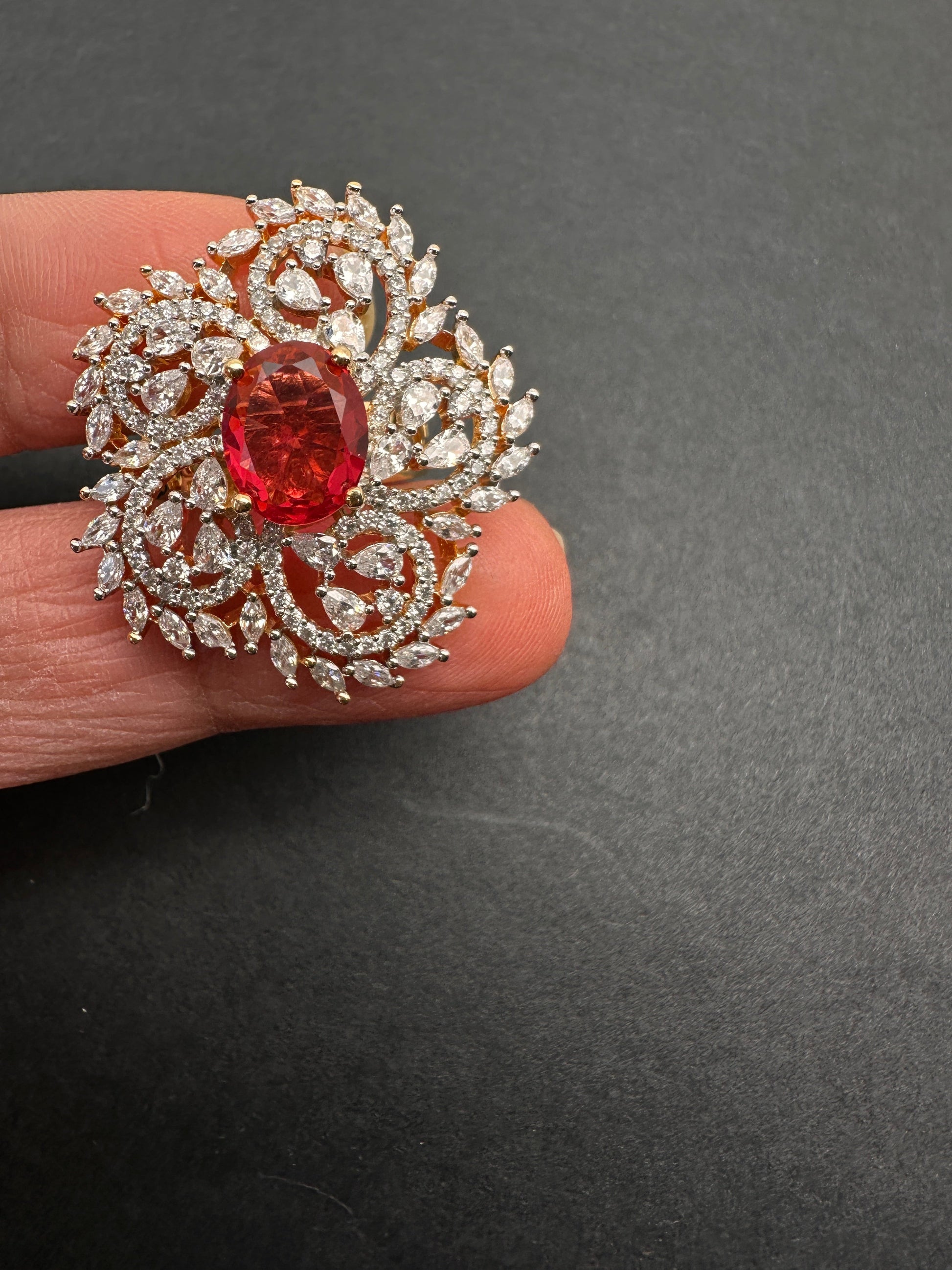 AD  Color Stone Adjustable Color Stone Cocktail Ring - Red