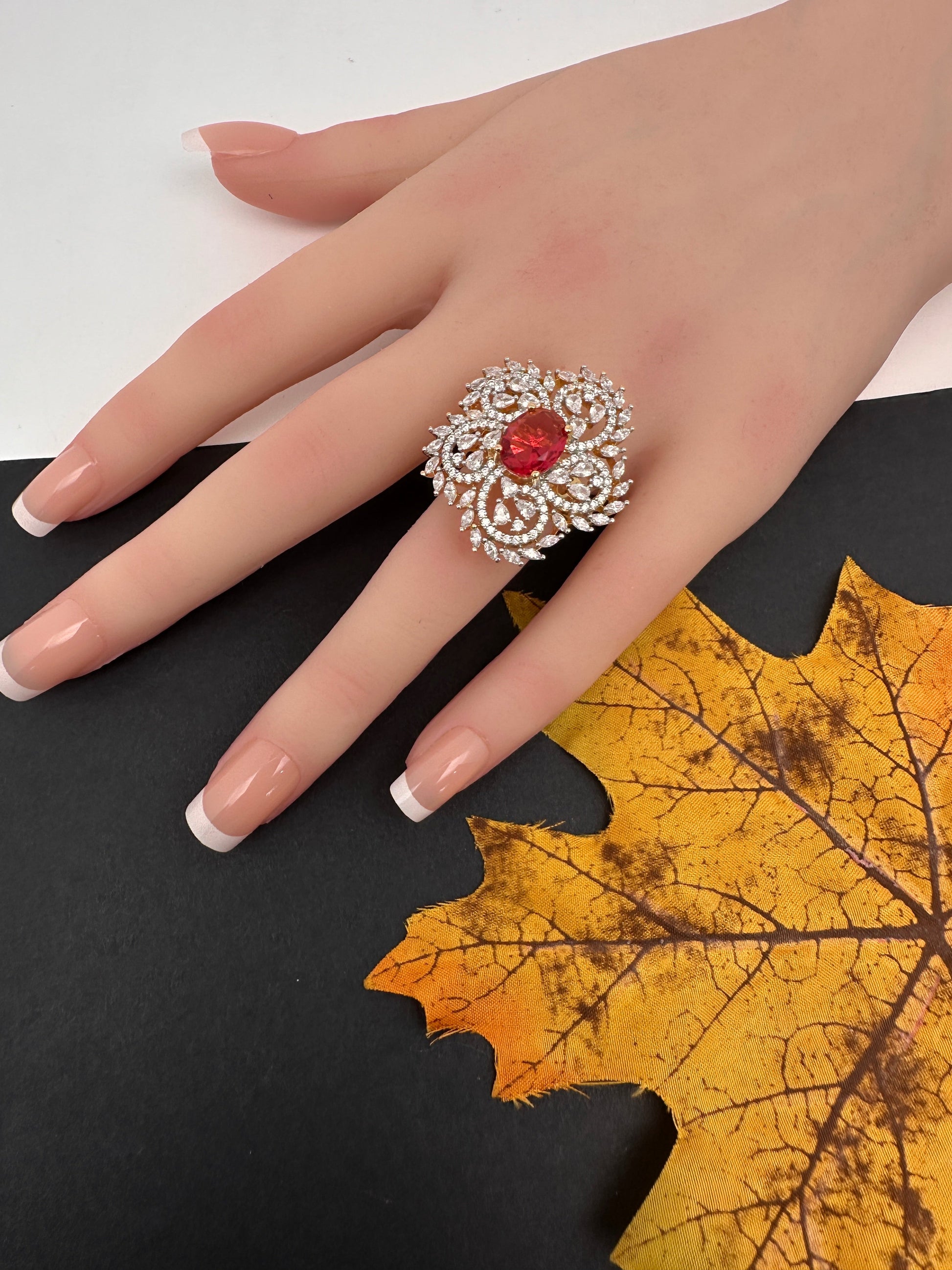 AD  Color Stone Adjustable Color Stone Cocktail Ring - Red