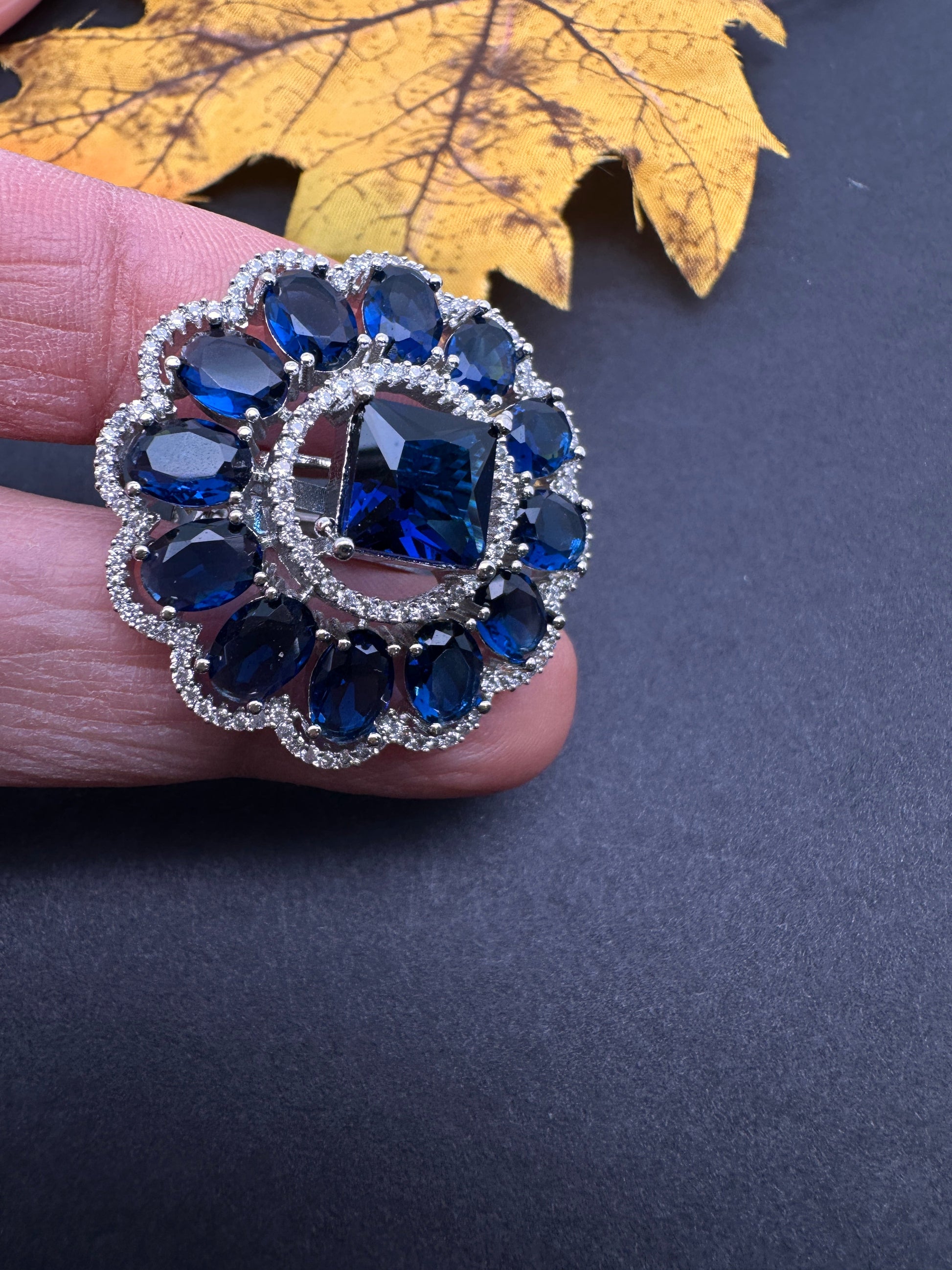 AD  Silver Color Stone Adjustable  Cocktail Ring - Blue