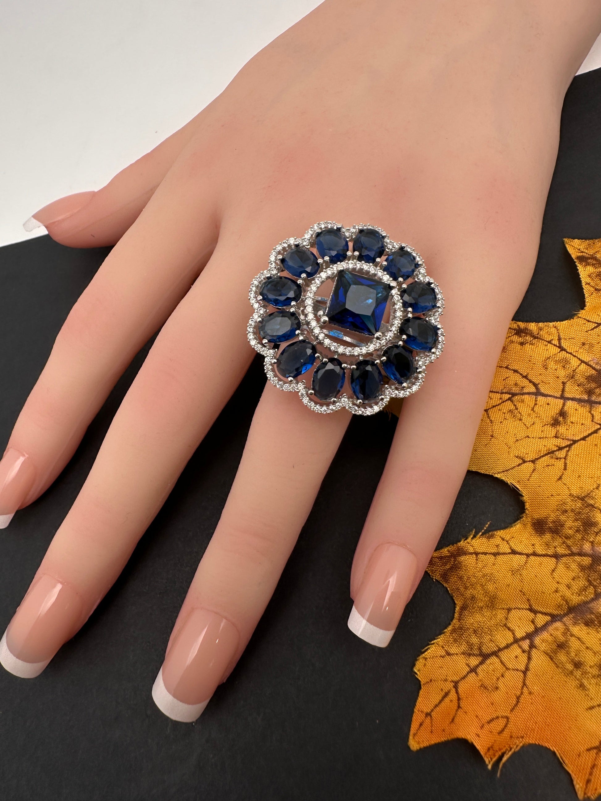 AD  Silver Color Stone Adjustable  Cocktail Ring - Blue