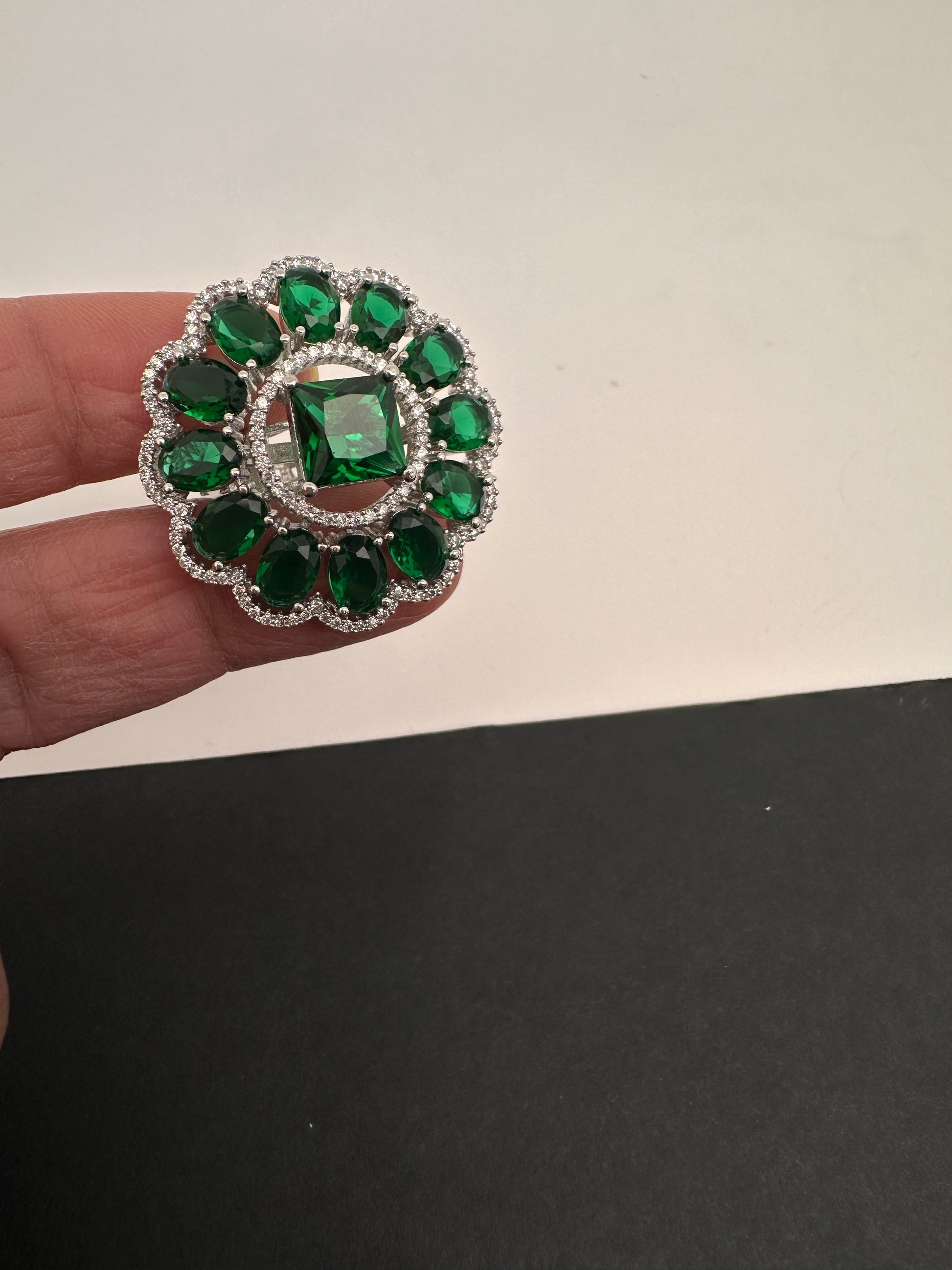 AD  Silver Color Stone Adjustable  Cocktail Ring - Green