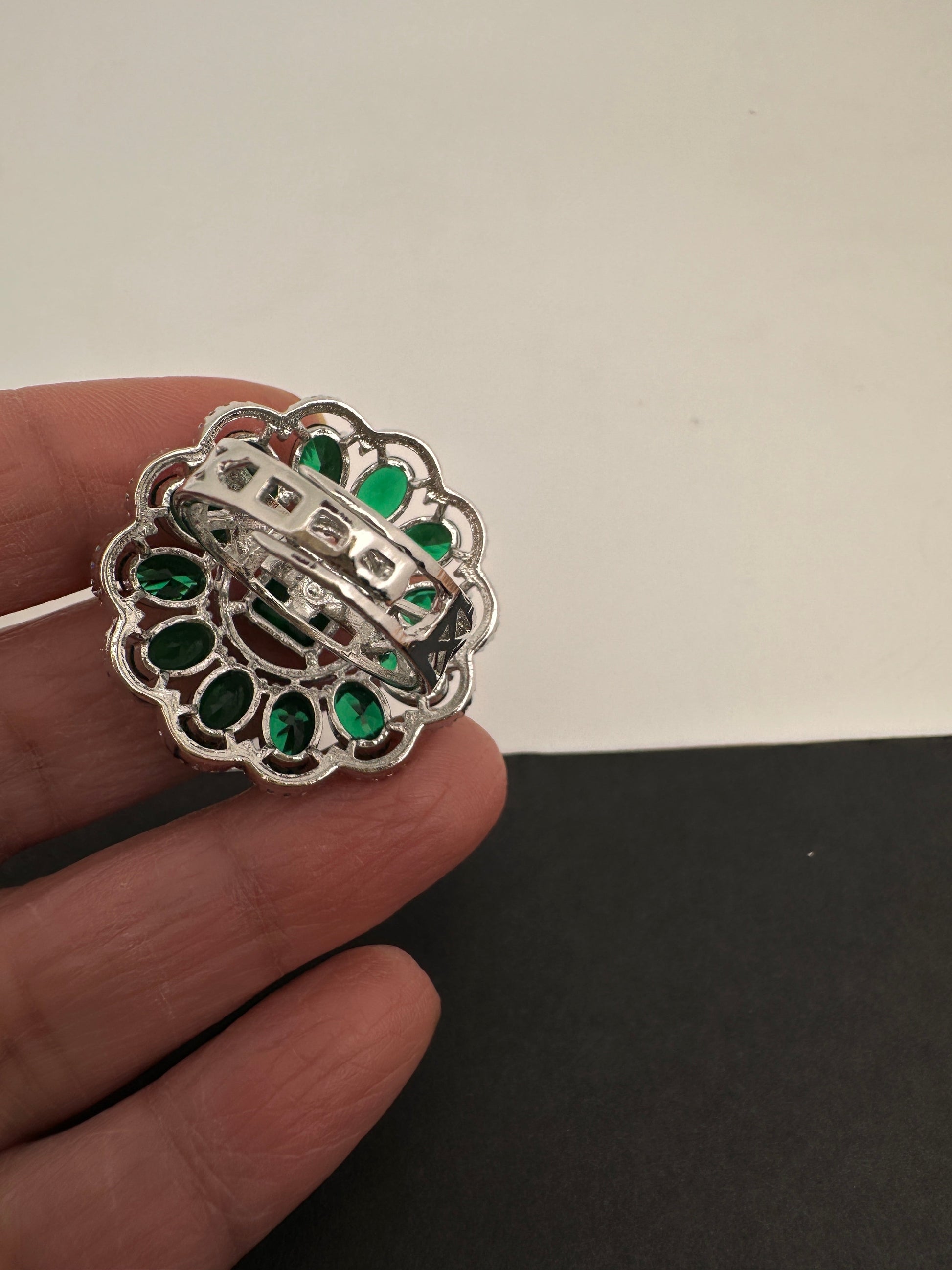 AD  Silver Color Stone Adjustable  Cocktail Ring - Green