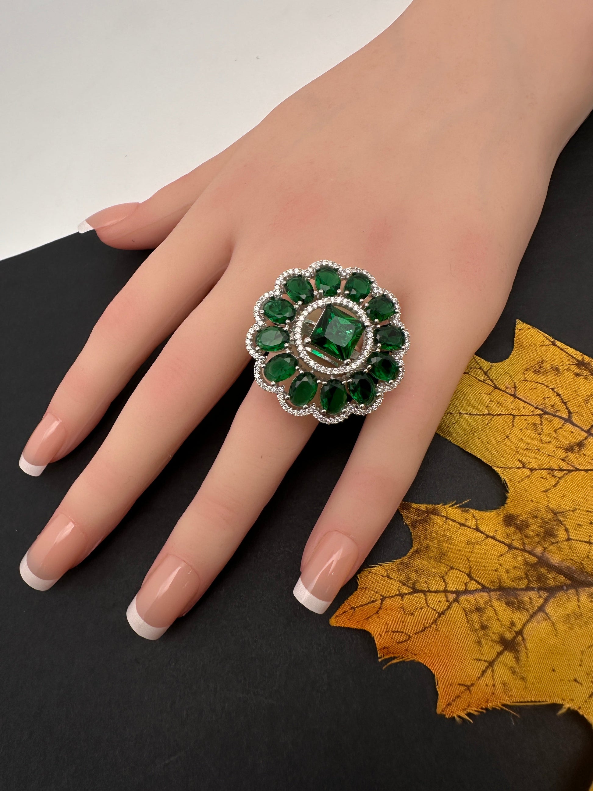 AD  Silver Color Stone Adjustable  Cocktail Ring - Green