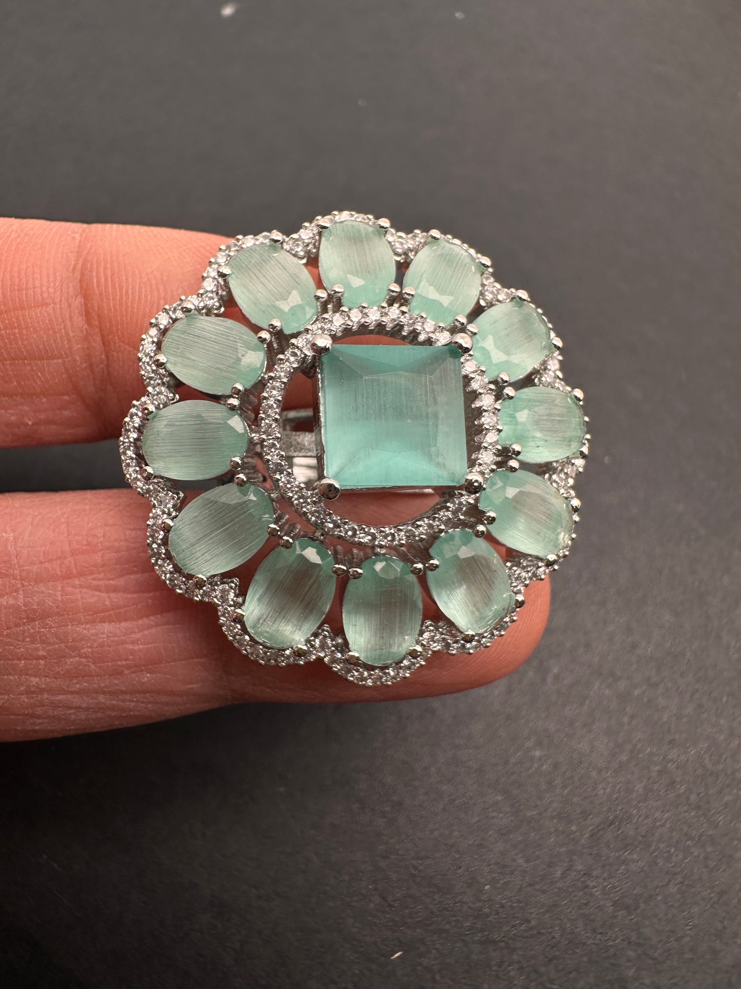 AD  Silver Color Stone Adjustable  Cocktail Ring