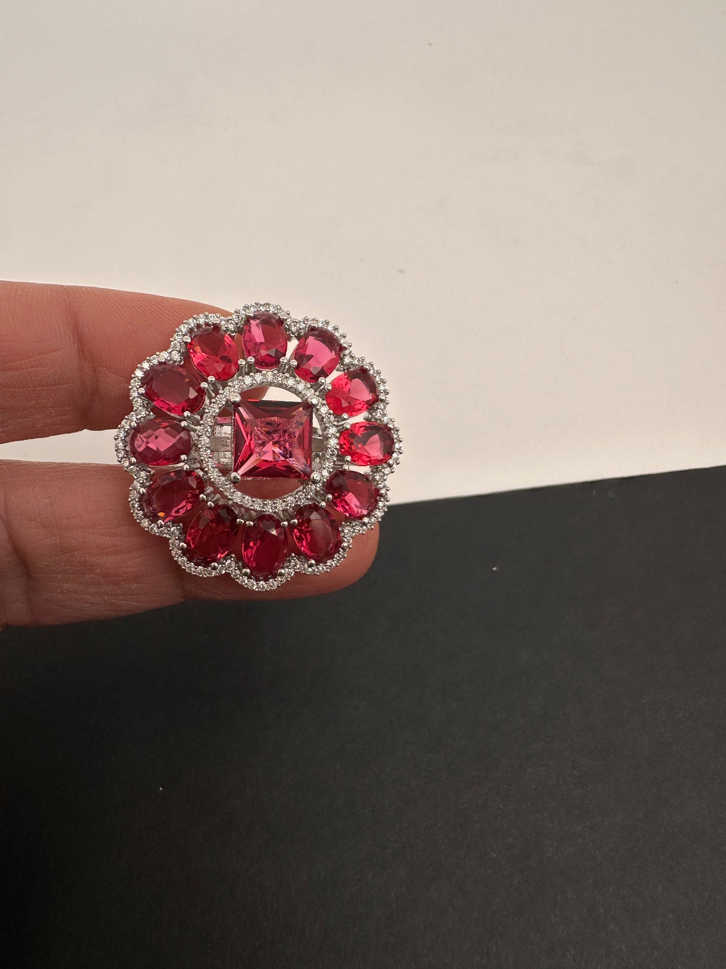 AD  Silver Color Stone Adjustable  Cocktail Ring - Red