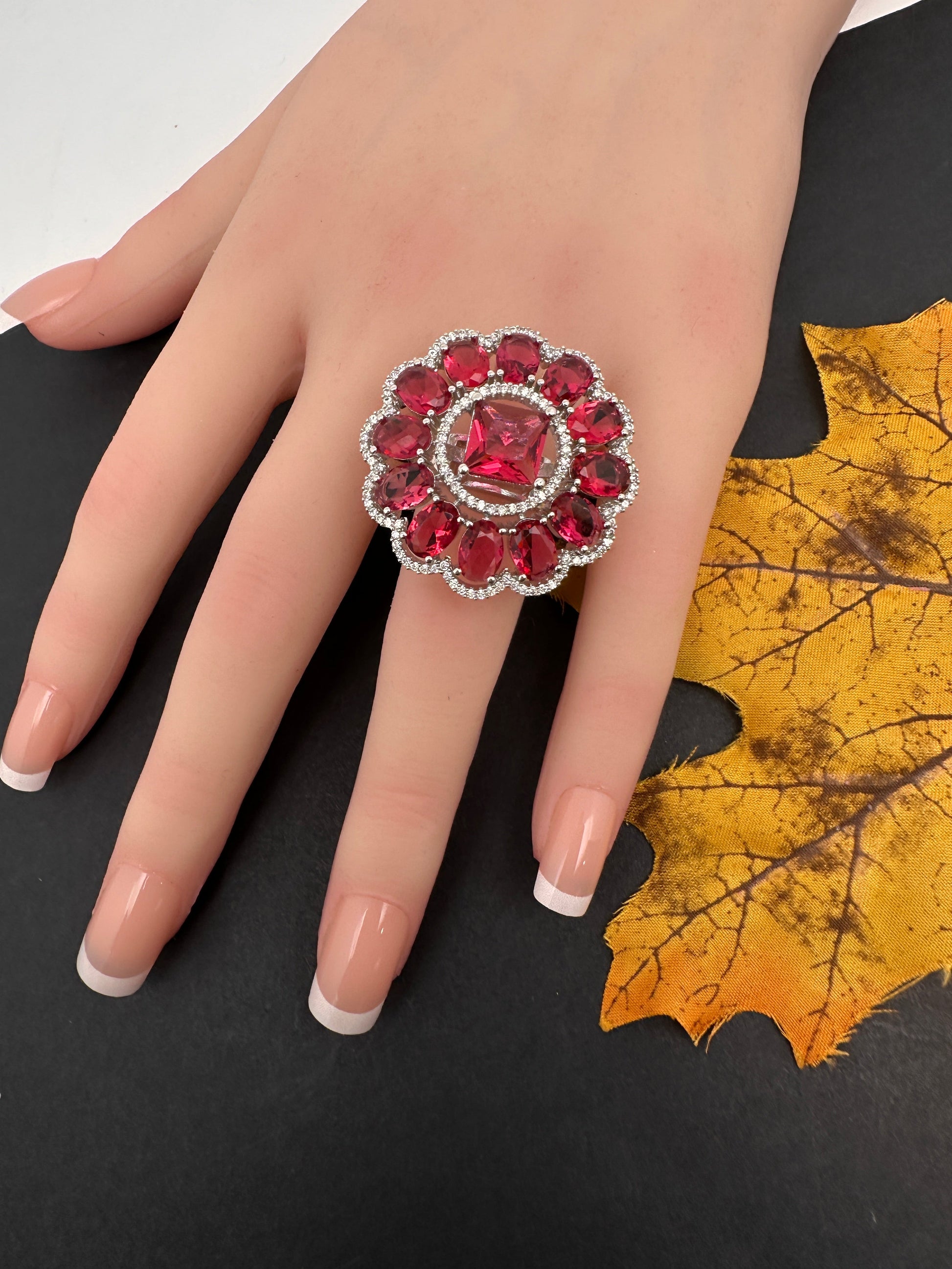 AD  Silver Color Stone Adjustable  Cocktail Ring - Red