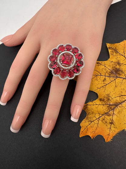AD  Silver Color Stone Adjustable  Cocktail Ring - Red