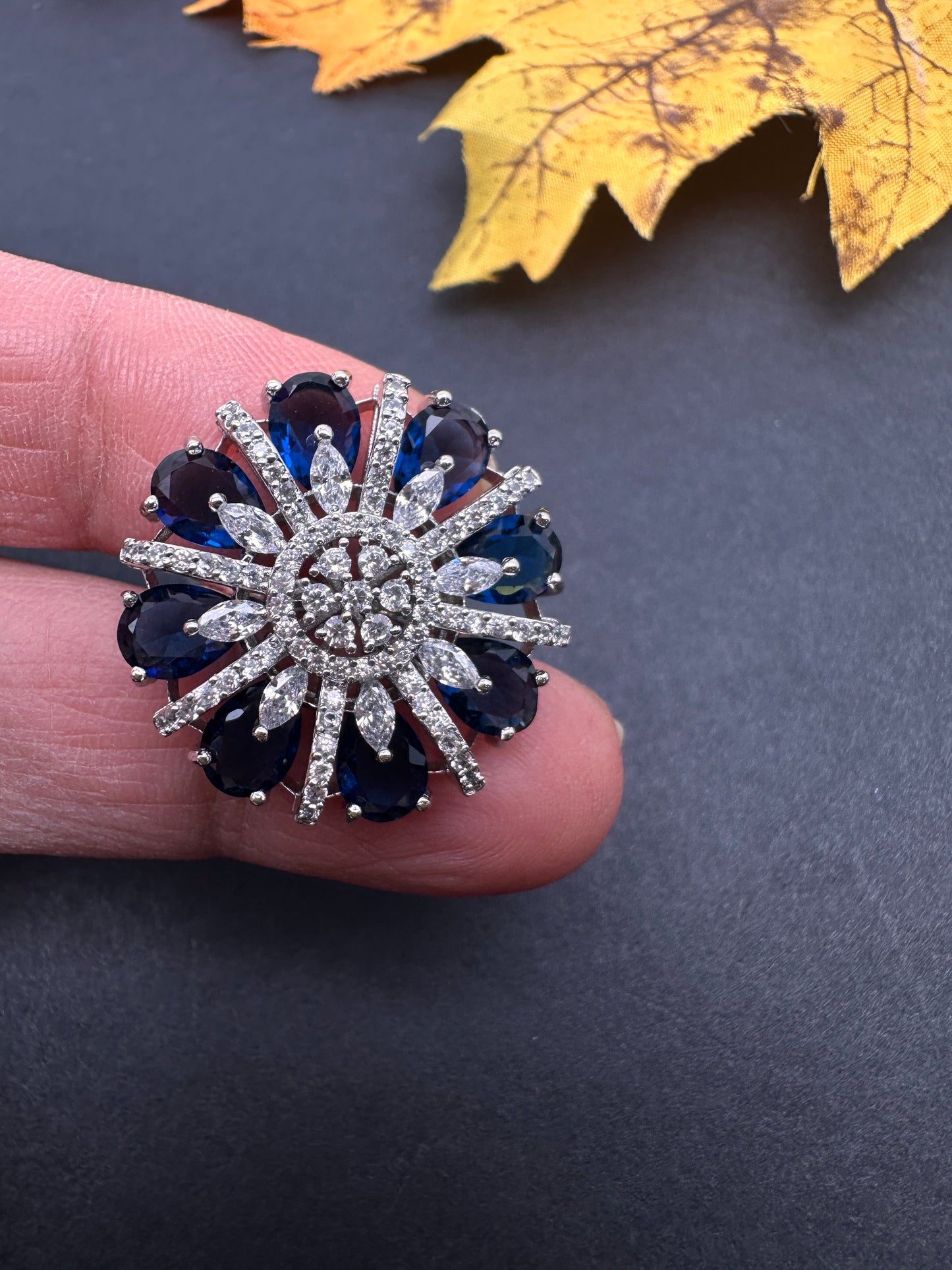 AD  Silver Color Stone Adjustable  Cocktail Ring - Blue