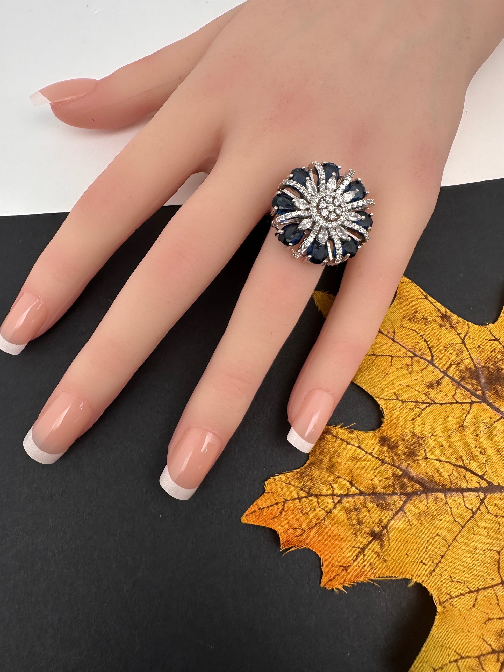 AD  Silver Color Stone Adjustable  Cocktail Ring - Blue