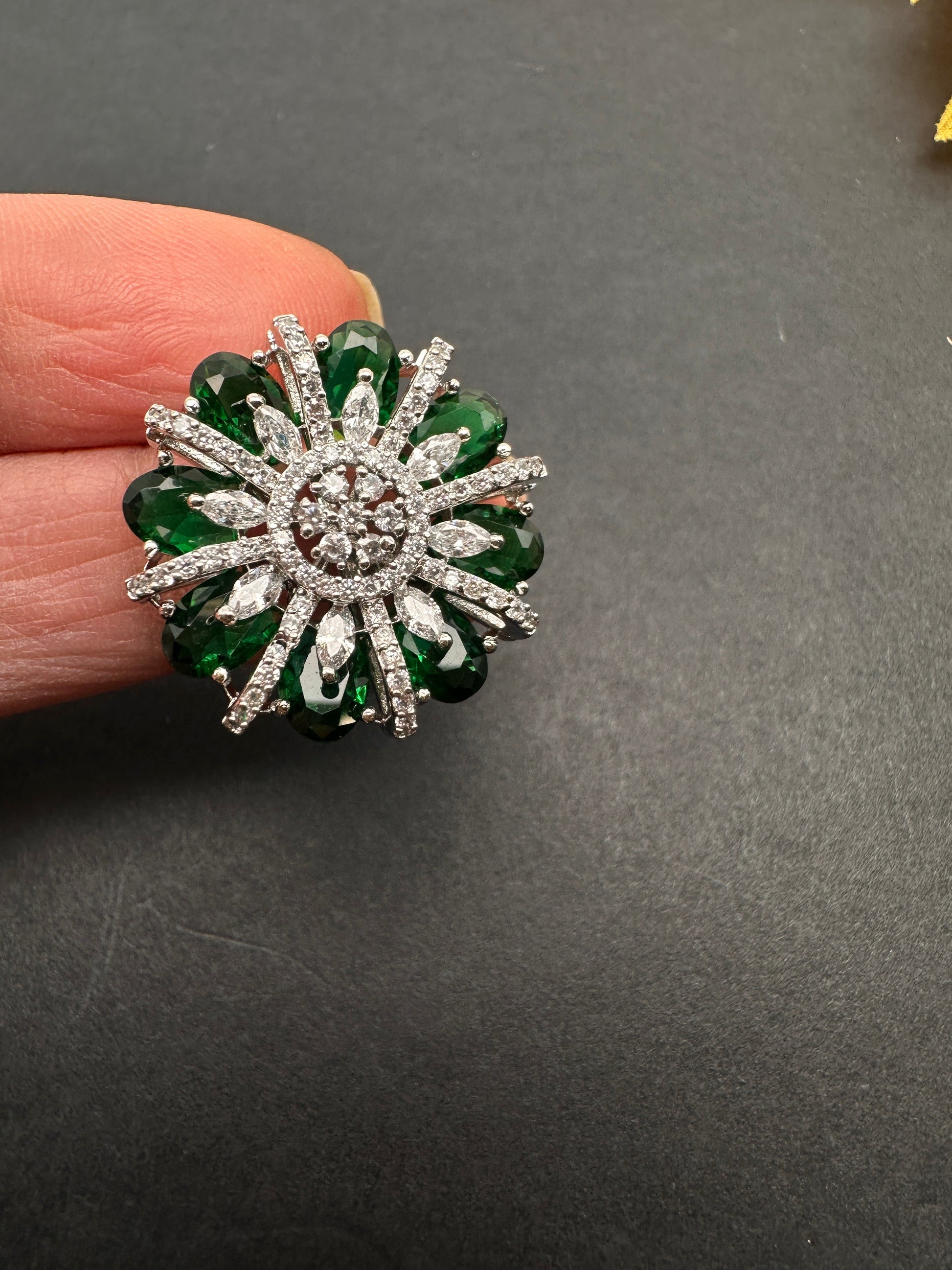 AD  Silver Color Stone Adjustable  Cocktail Ring - Green