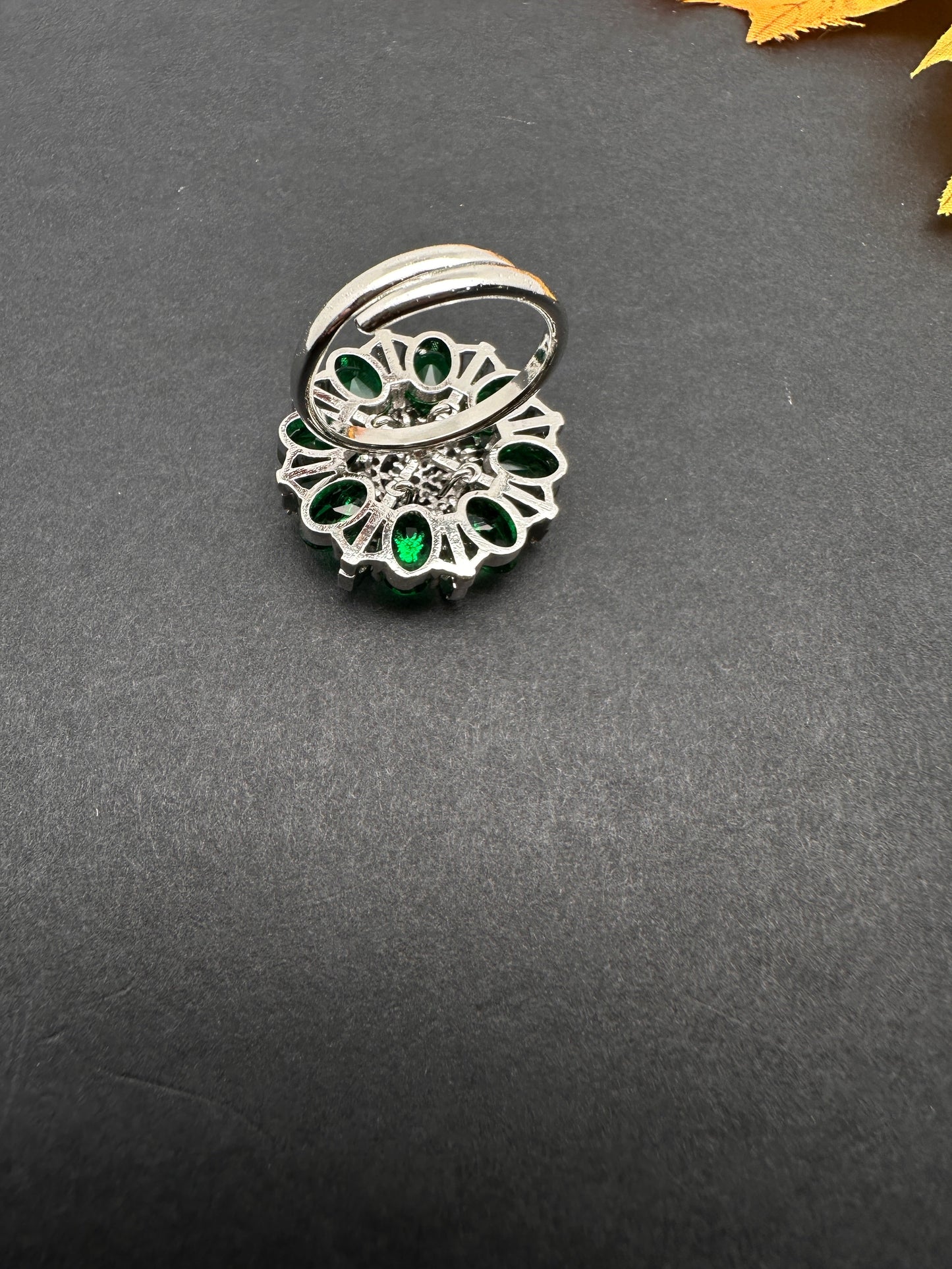 AD  Silver Color Stone Adjustable  Cocktail Ring - Green