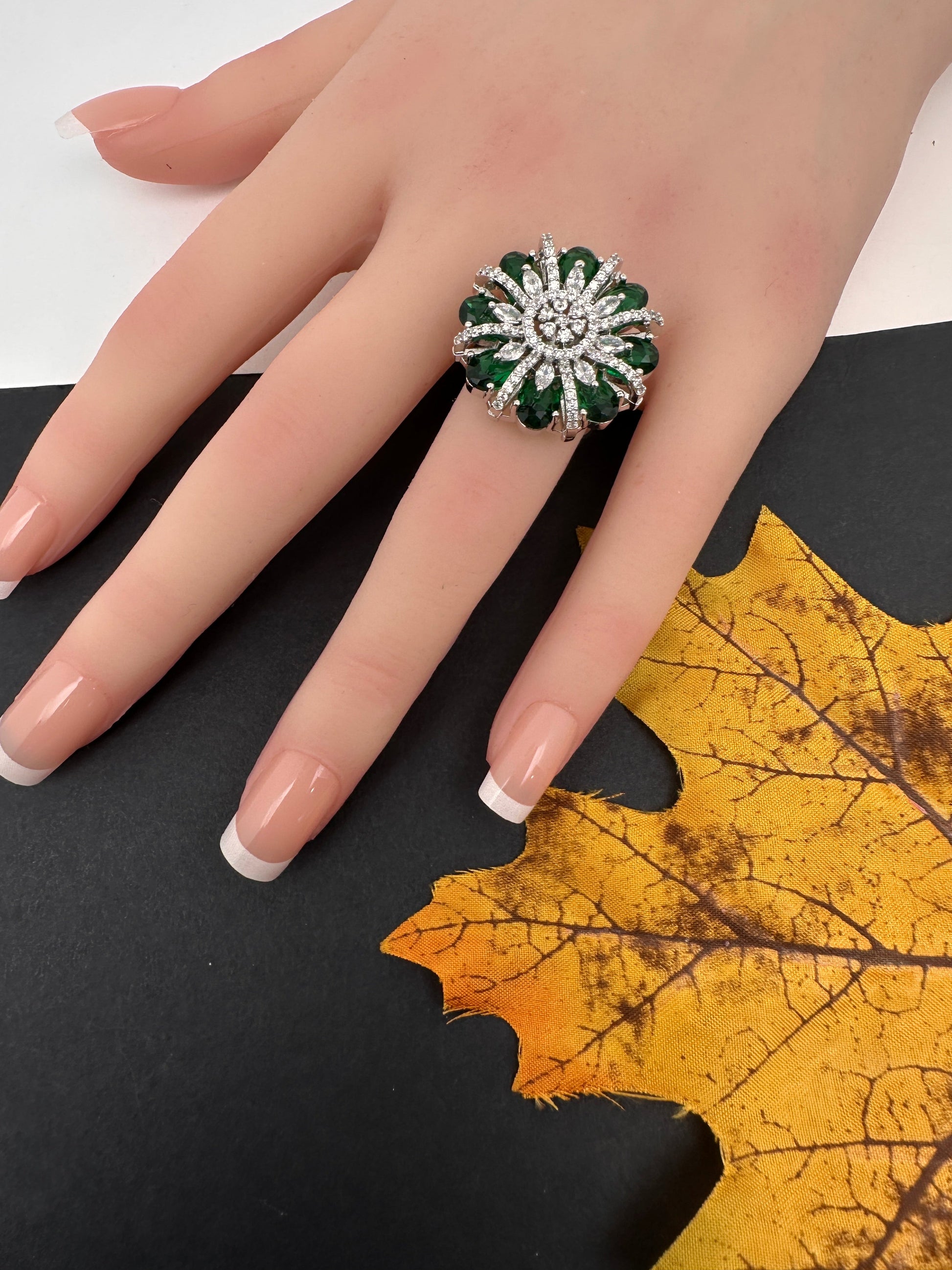 AD  Silver Color Stone Adjustable  Cocktail Ring - Green