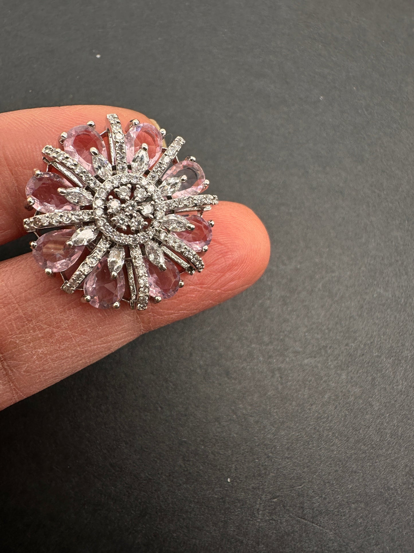 AD  Silver Color Stone Adjustable  Cocktail Ring - Pink