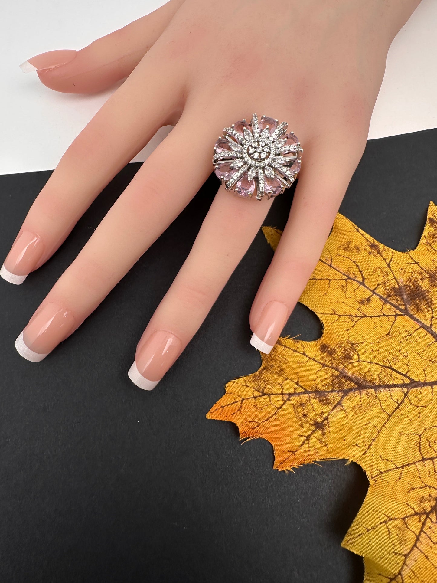 AD  Silver Color Stone Adjustable  Cocktail Ring - Pink