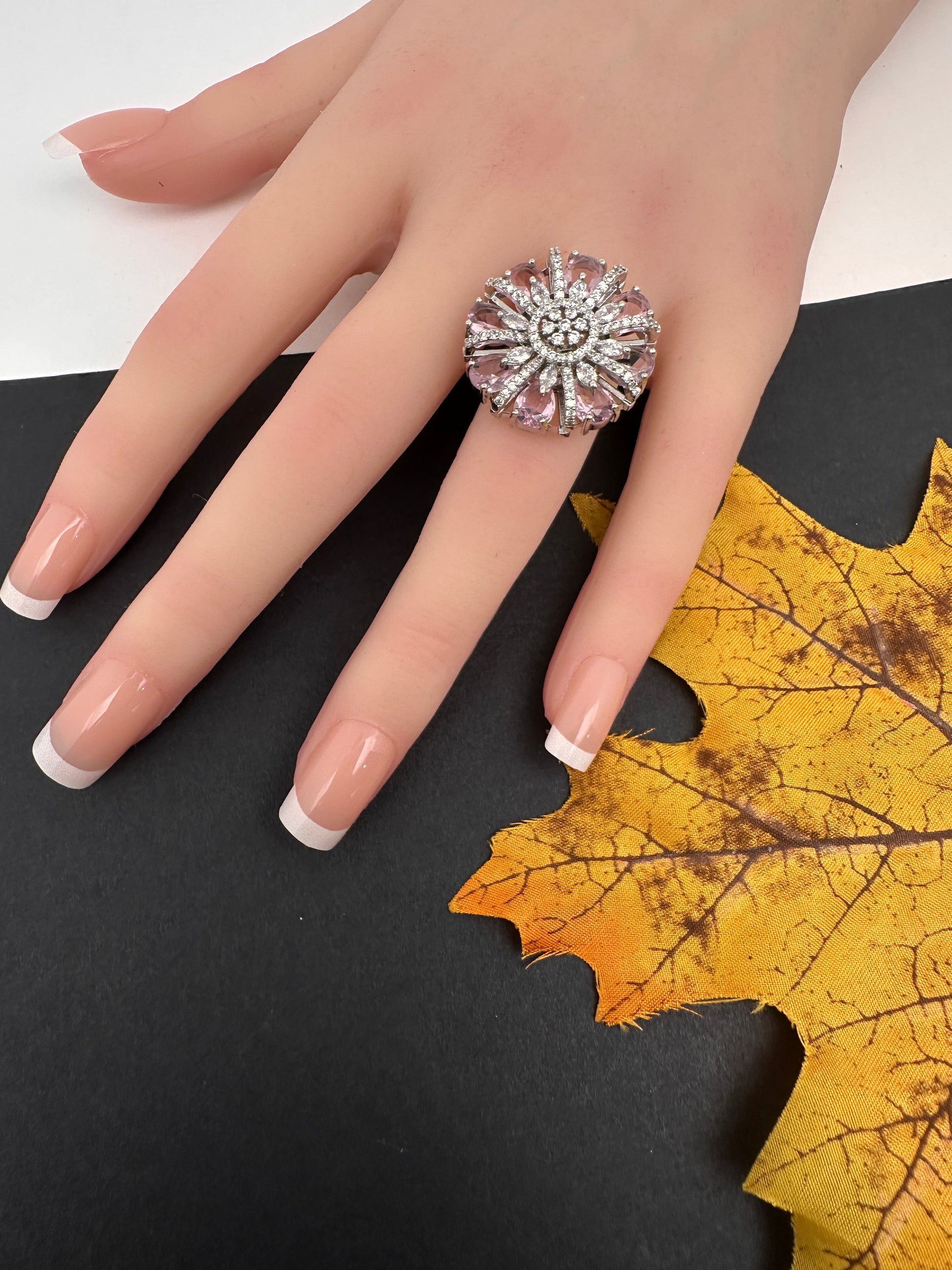 AD  Silver Color Stone Adjustable  Cocktail Ring - Pink