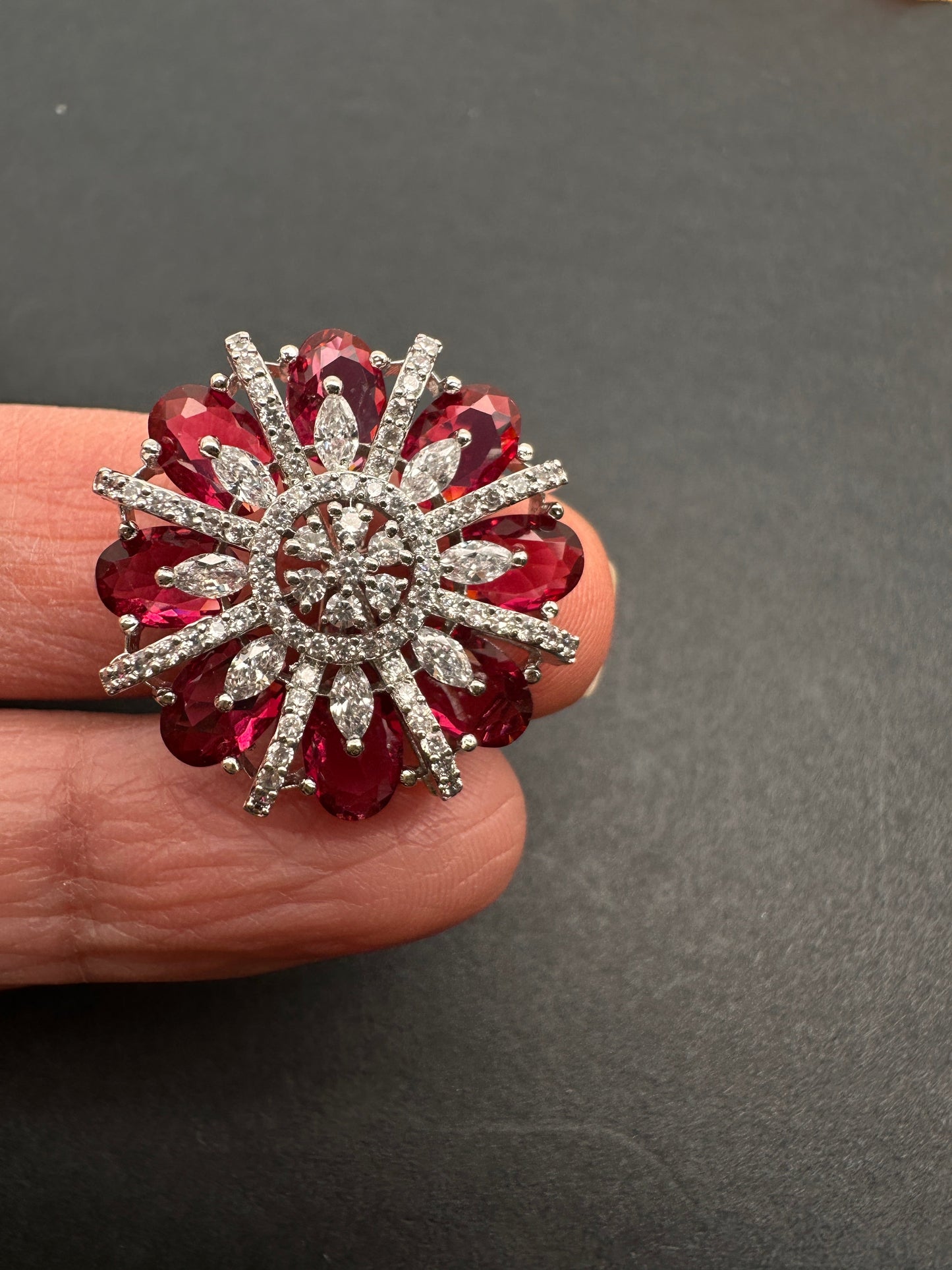 AD  Silver Color Stone Adjustable  Cocktail Ring - Red