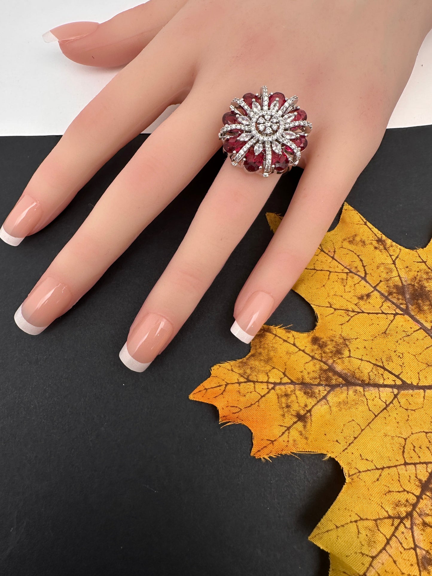 AD  Silver Color Stone Adjustable  Cocktail Ring - Red