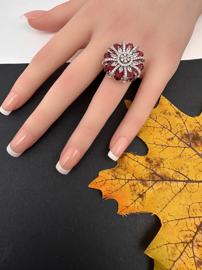 AD  Silver Color Stone Adjustable  Cocktail Ring - Red