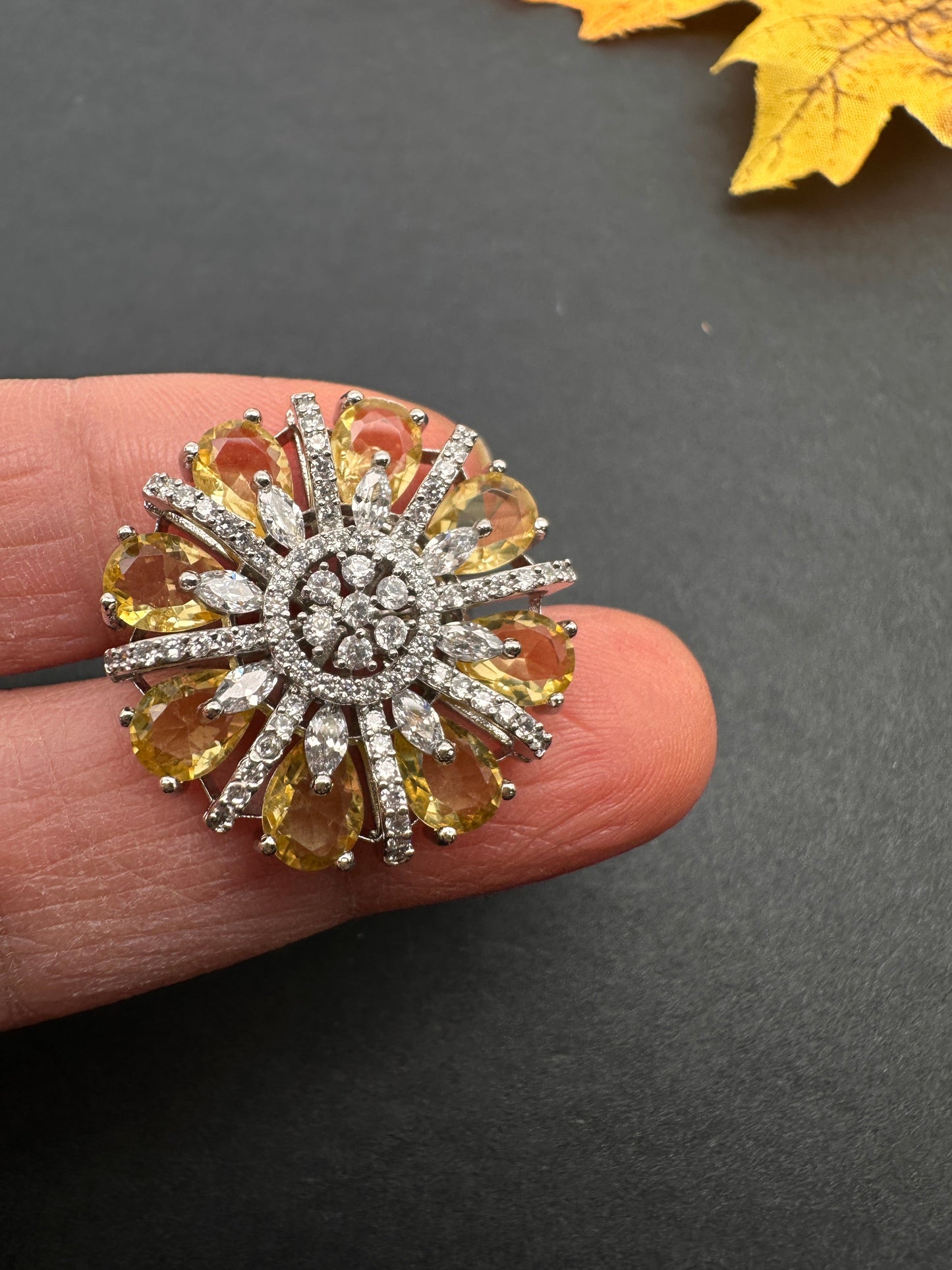 AD  Silver Color Stone Adjustable  Cocktail Ring - Yellow