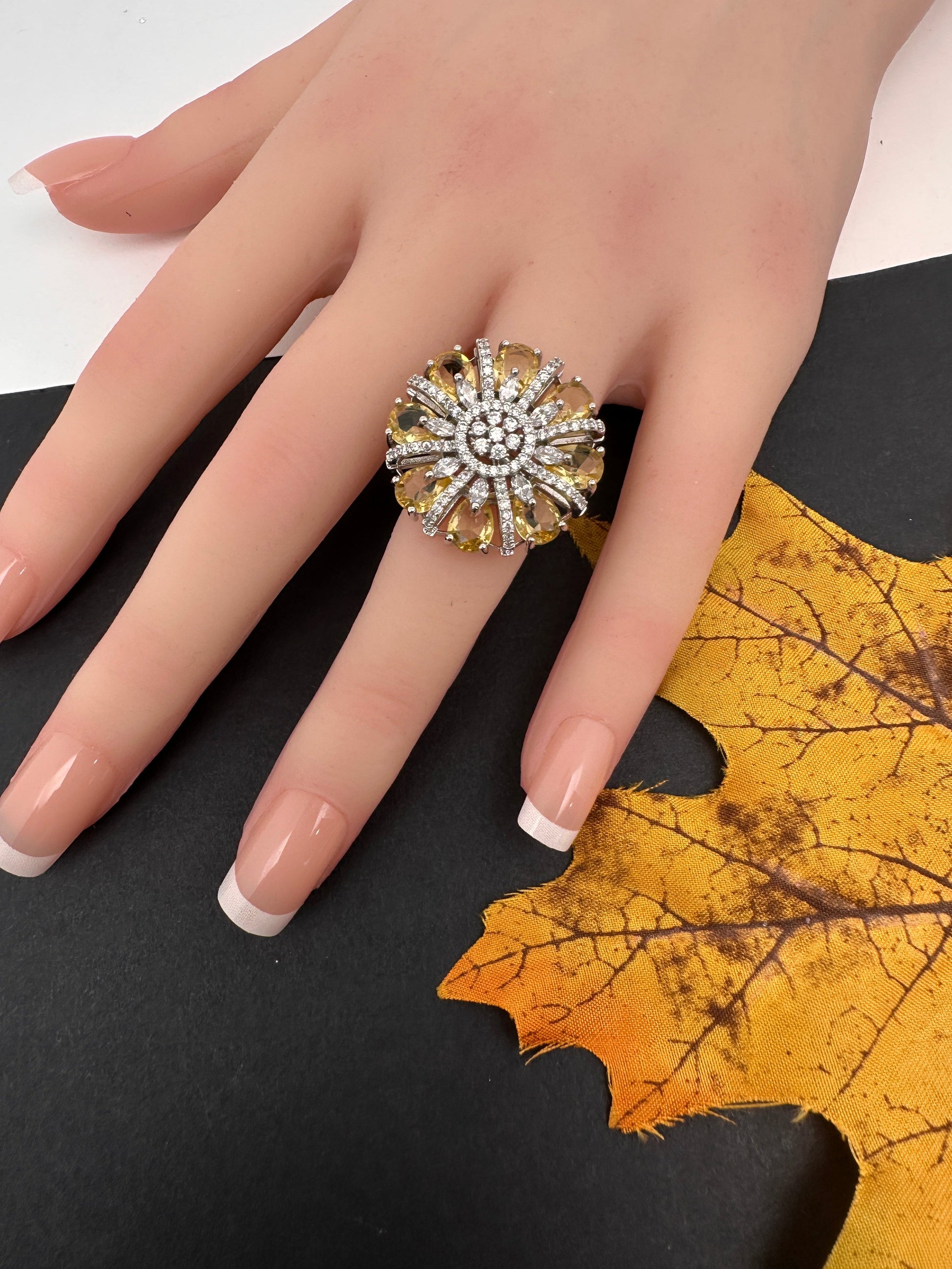 AD  Silver Color Stone Adjustable  Cocktail Ring - Yellow