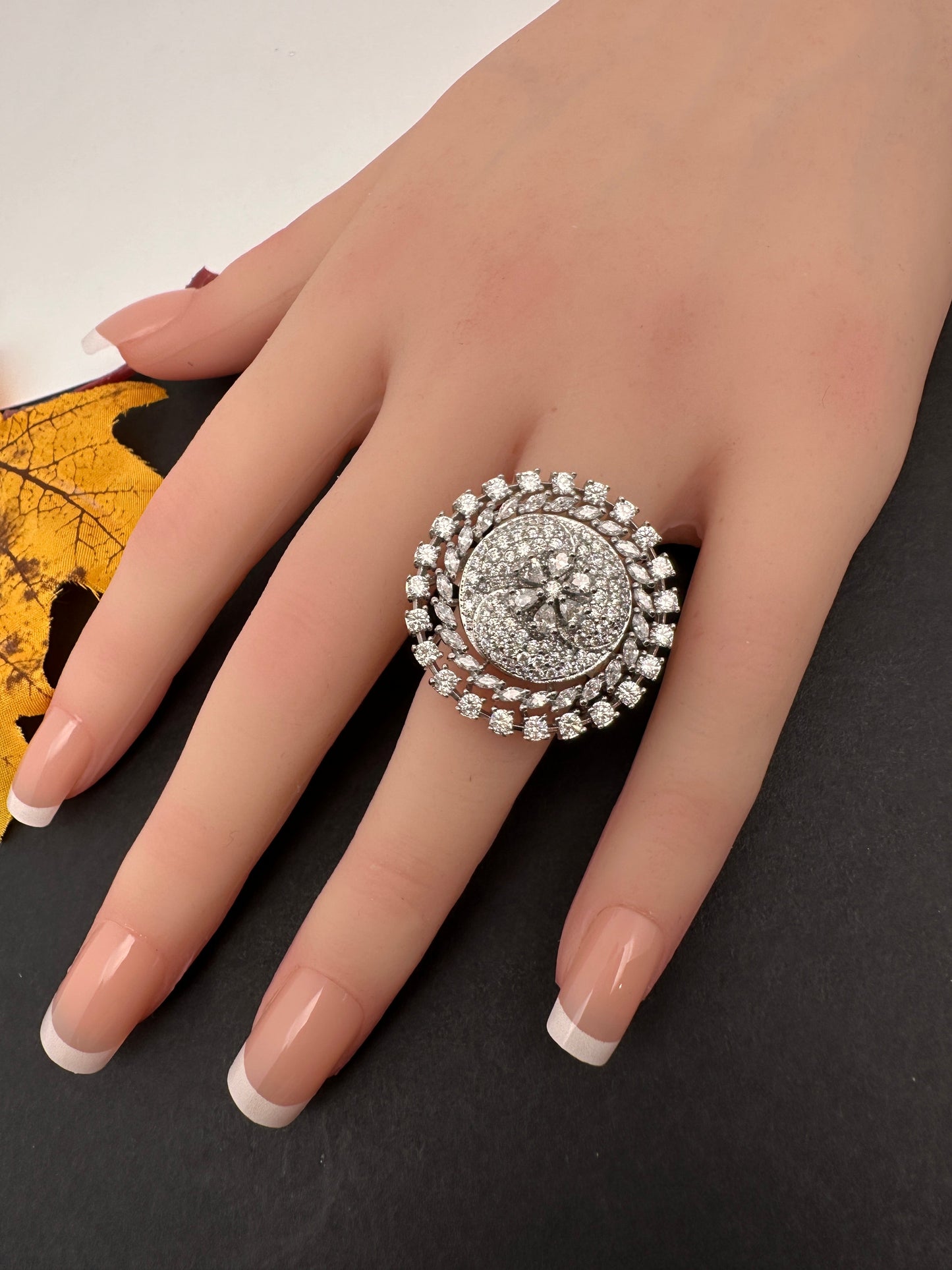 AD  Color Stone Adjustable  Cocktail Ring - Silver