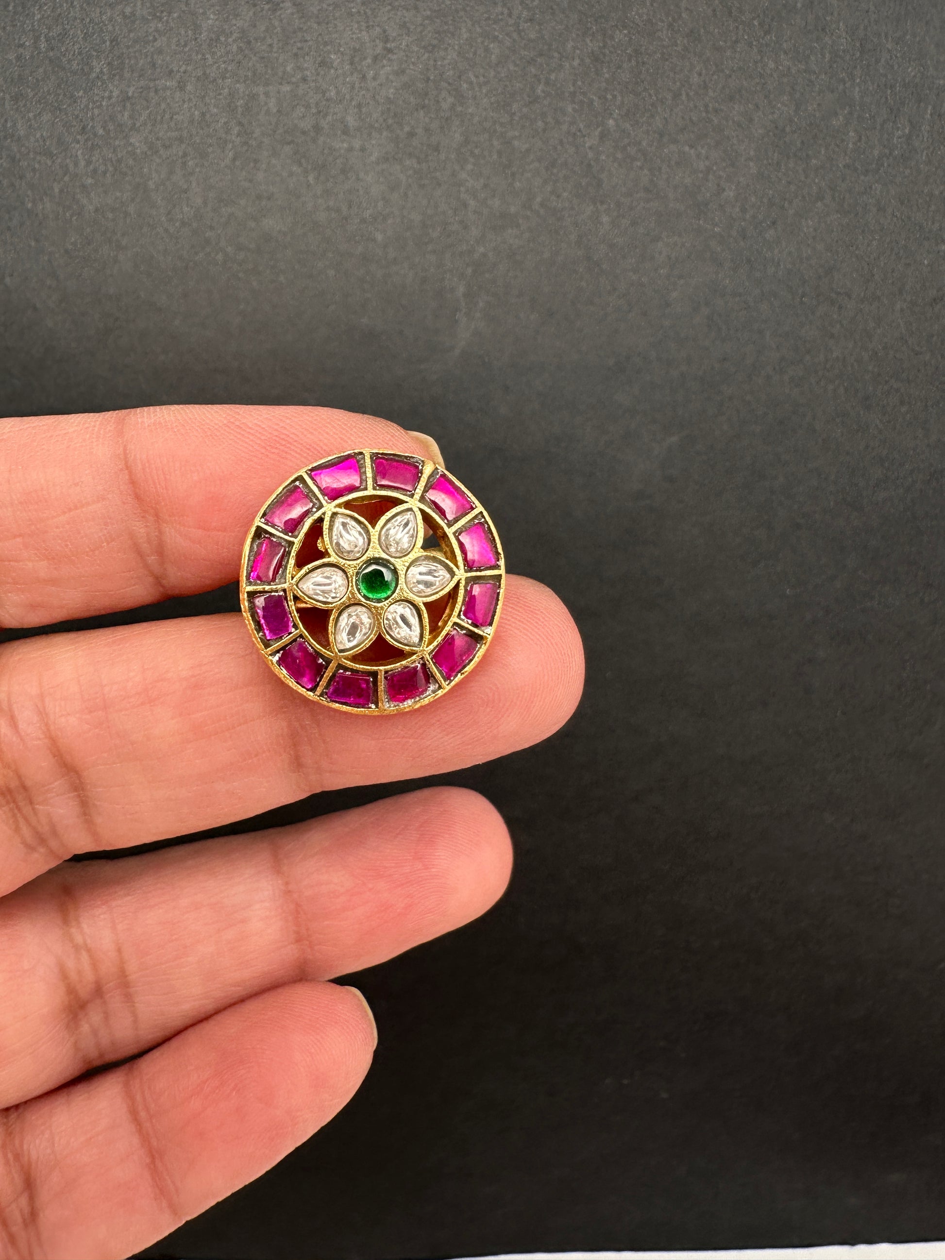 Jadau Kundan Adjustable Matte Cocktail Ring - 