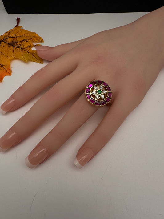 Jadau Kundan Adjustable Matte Cocktail Ring - 