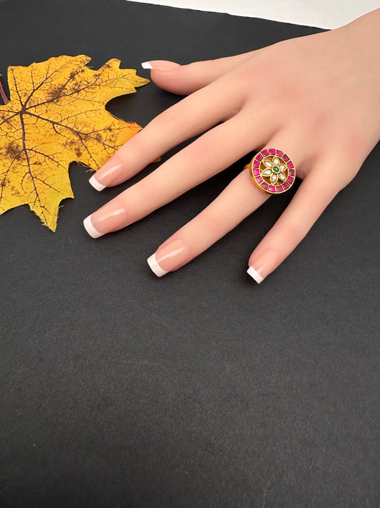 Jadau Kundan Adjustable Matte Cocktail Ring - 