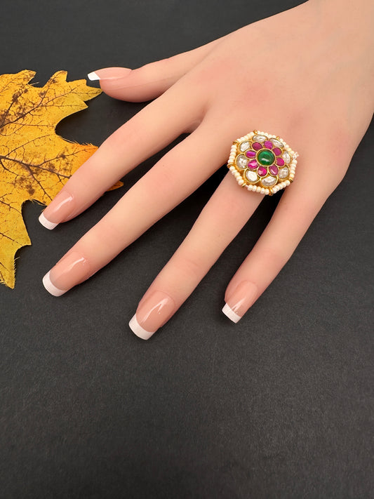 Jadau Kundan Adjustable Matte Cocktail Ring - 