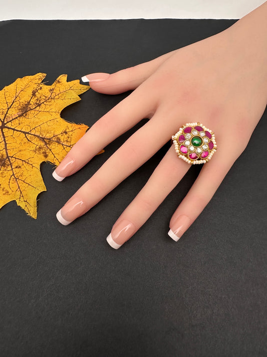 Jadau Kundan Adjustable Matte Cocktail Ring - 