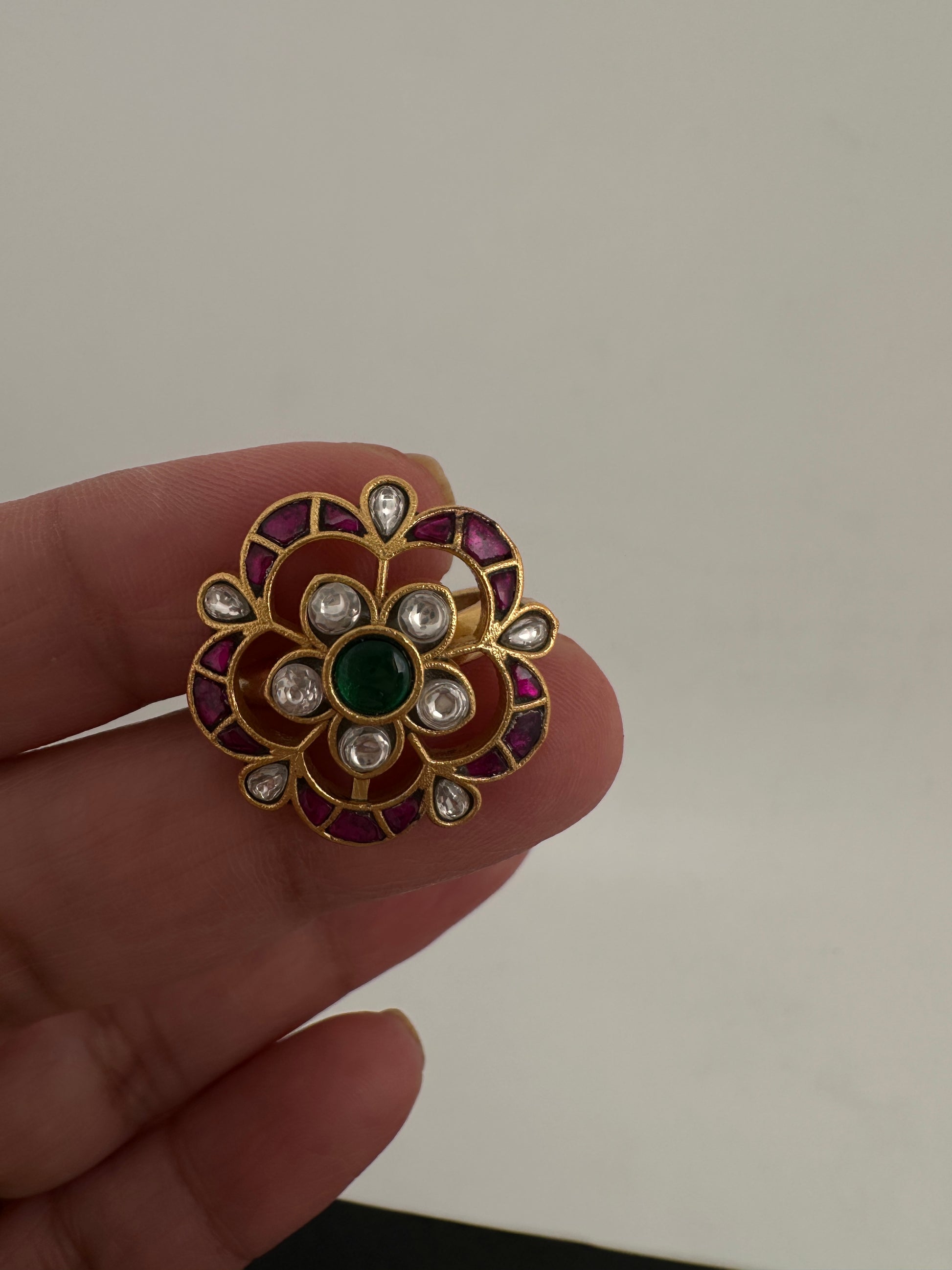 Jadau Kundan Adjustable Matte Cocktail Ring - 