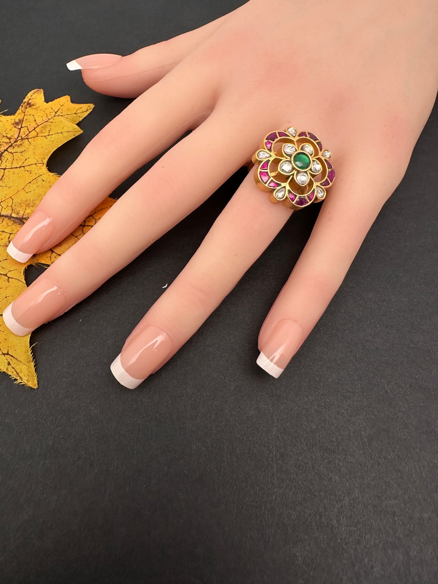 Jadau Kundan Adjustable Matte Cocktail Ring - 