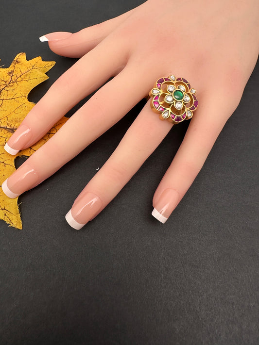 Jadau Kundan Adjustable Matte Cocktail Ring - 