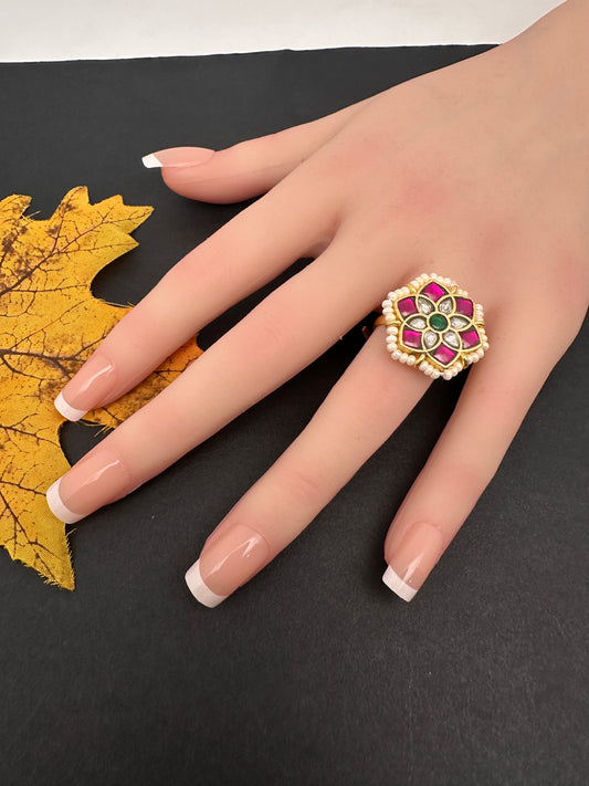 Jadau Kundan Adjustable Matte Cocktail Ring - 