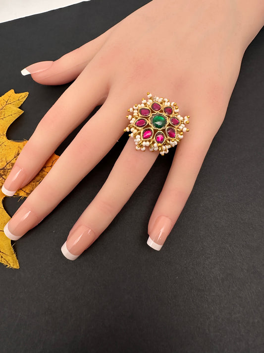 Jadau Kundan Adjustable Matte Cocktail Ring - 