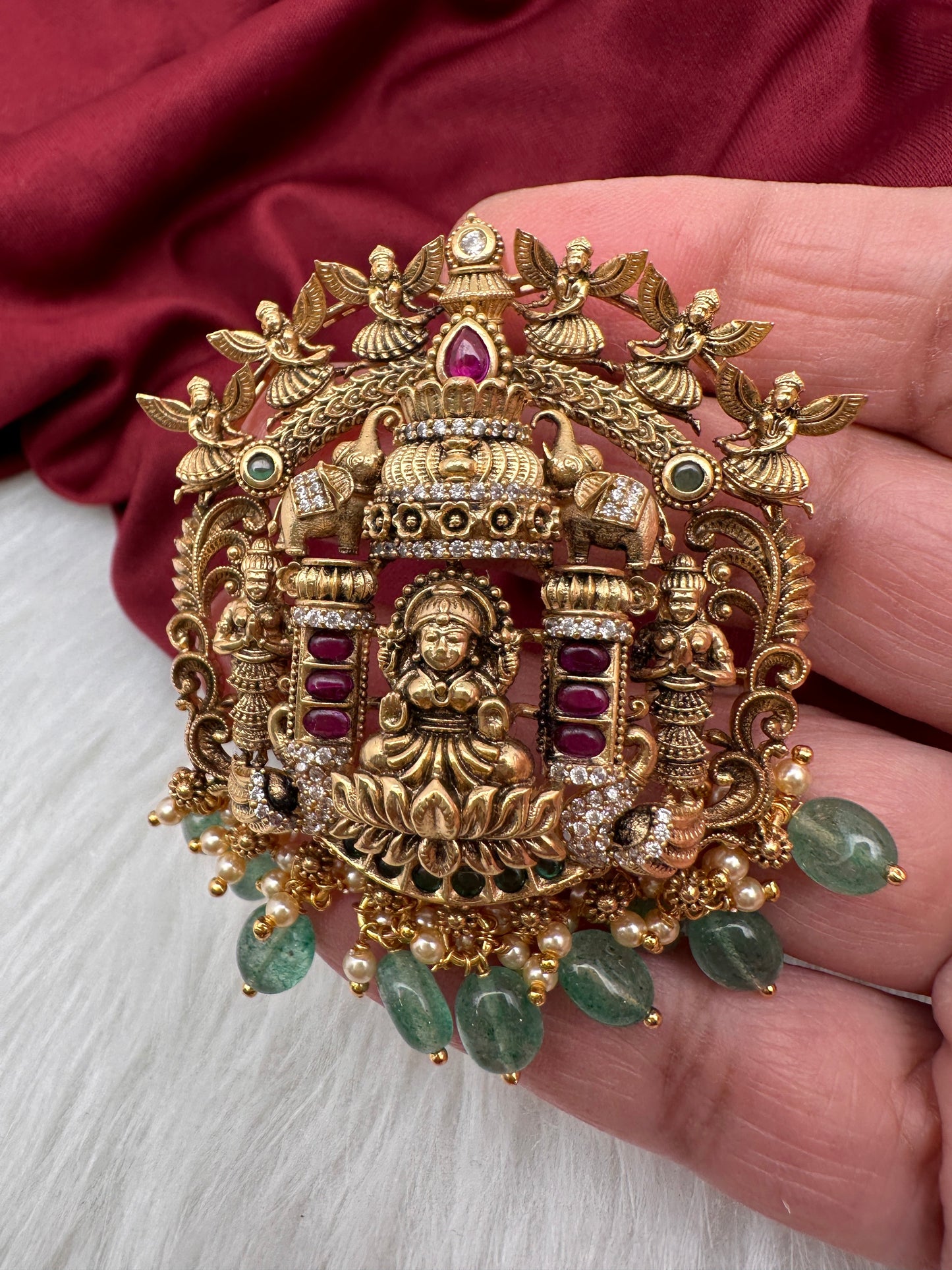 Matte Nakshi Goddess Lakshmi Green 92.5 Silver Pendent