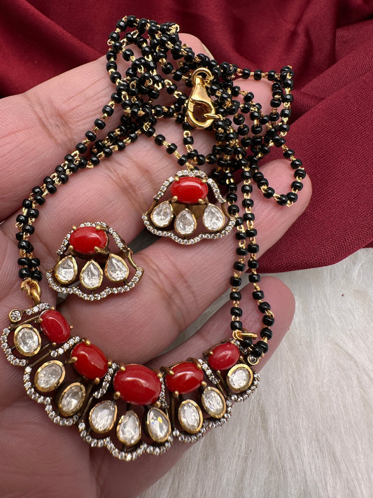 Coral Moissanite Black Beads  92.5 Silver Chain