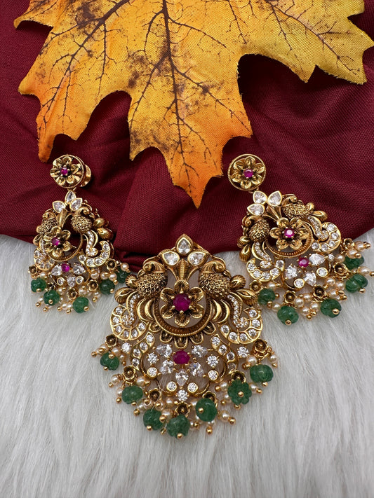 92.5 Silver Peacock Antique Finish Pendent Set