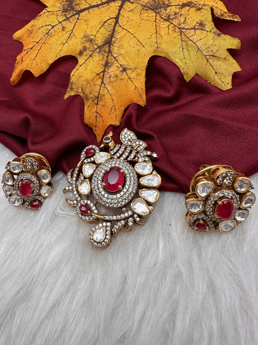 92.5 Silver Bird Patter Red Stone Moissanite Pendent Set