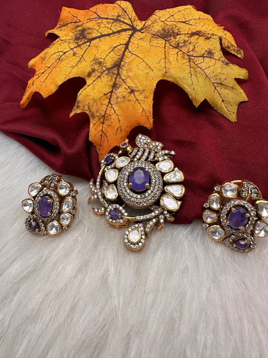 92.5 Silver Bird Patter Purple Lilac Stone Moissanite Pendent Set