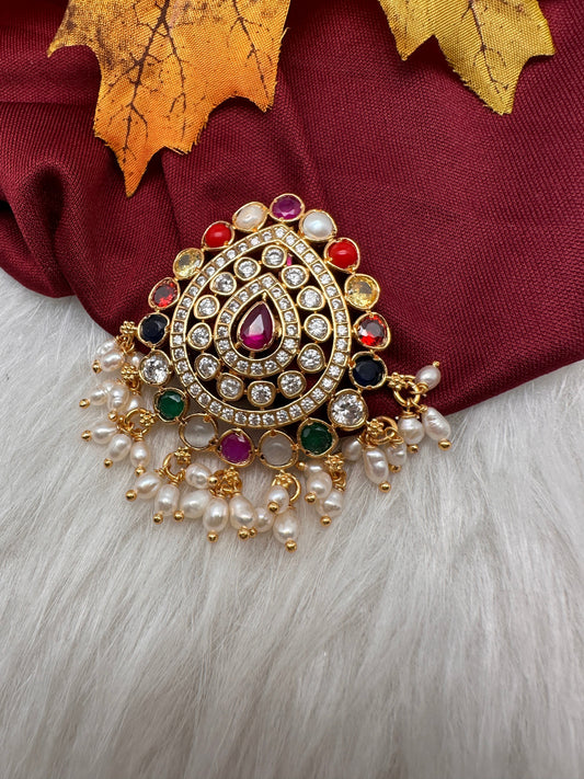 Navratan 92.5 Silver Pendent with Rice Pearls