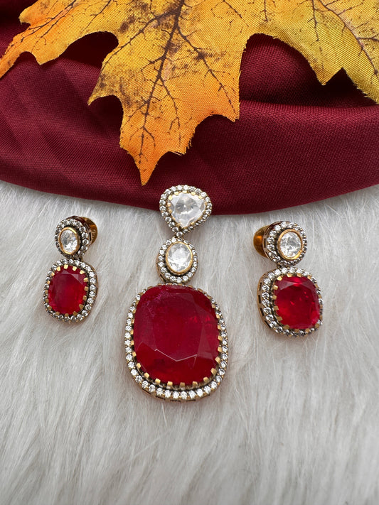 92.5 Silver Red Doublet Stone  Moissanite Pendent Set