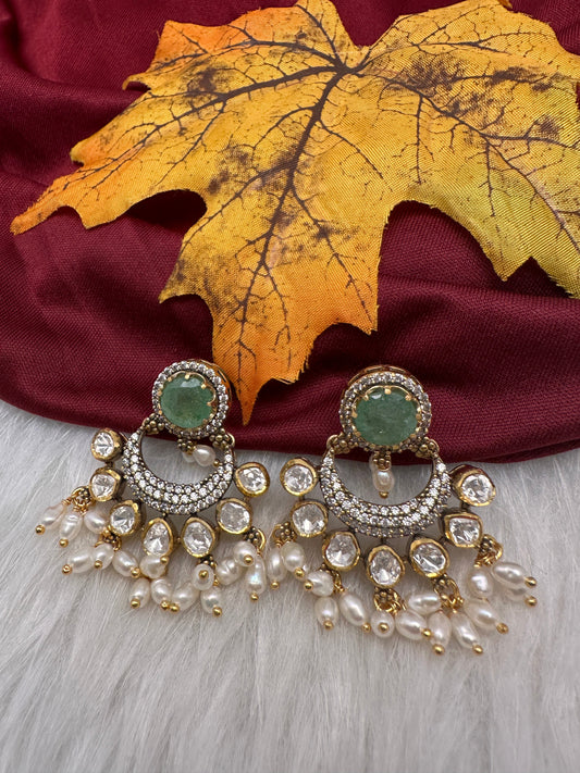92.5 Silver Mint Green Chandbali Earrings