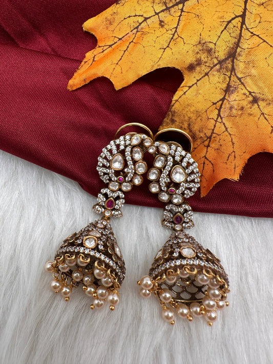 92.5 Silver Moisanite Red Jhumka Earrings