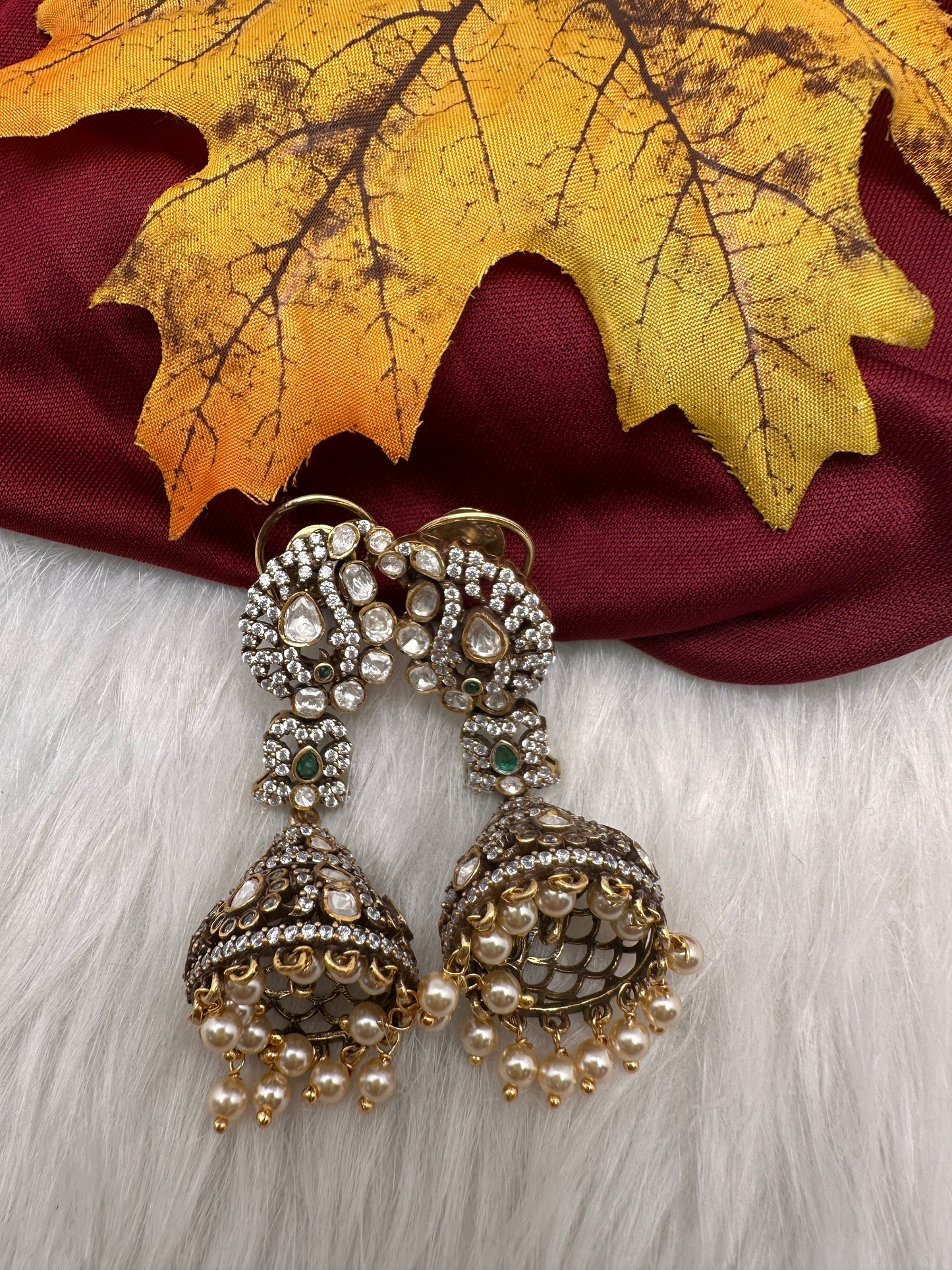 92.5 Silver Moisanite Green Jhumka Earrings