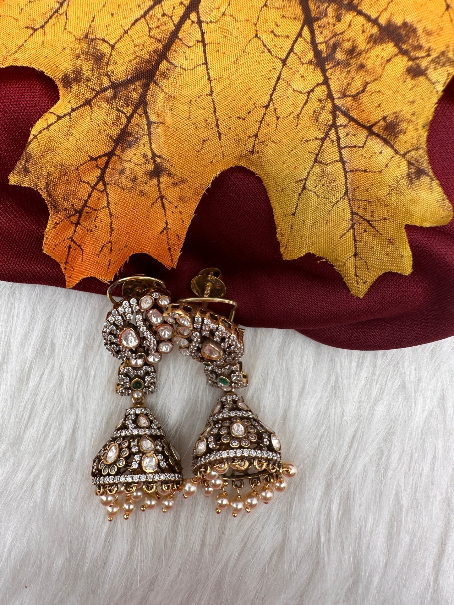 92.5 Silver Moisanite Green Jhumka Earrings