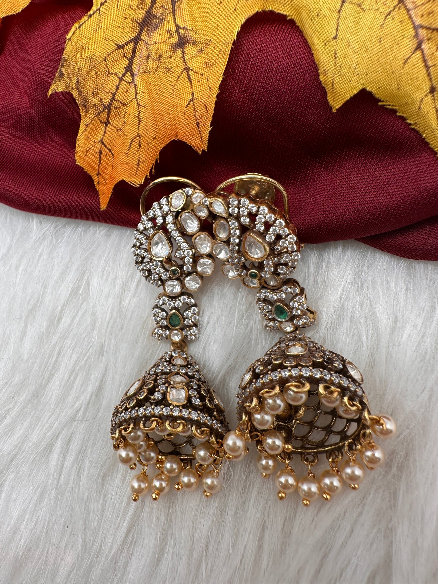 92.5 Silver Moisanite Green Jhumka Earrings