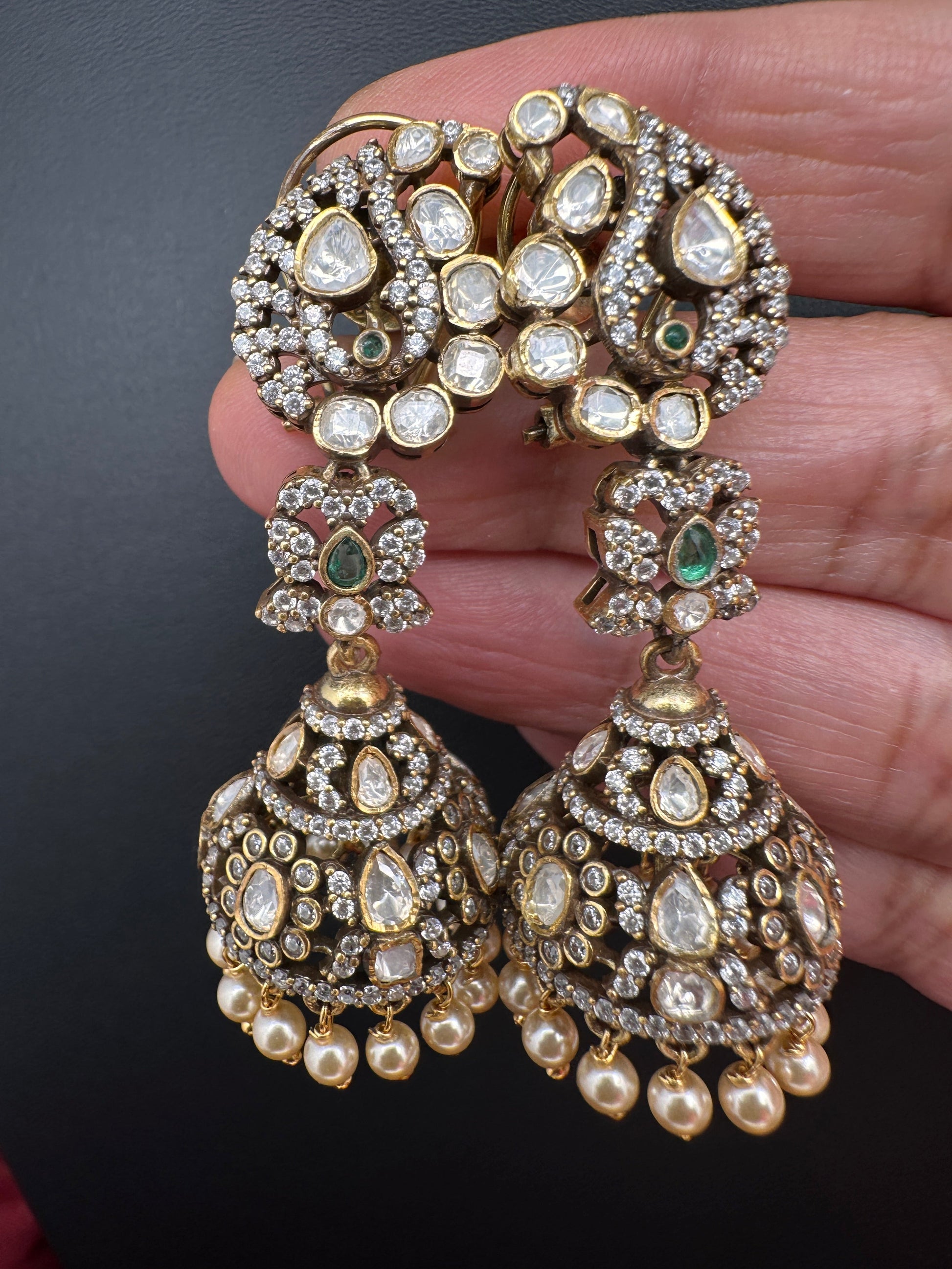 92.5 Silver Moisanite Green Jhumka Earrings