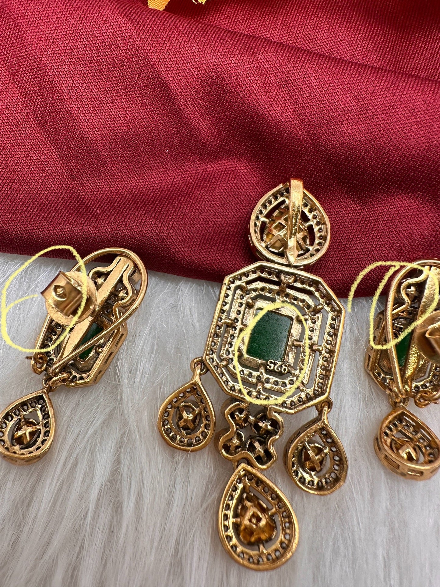 92.5 Silver Green Carved Stone Moissanite Pendent Set